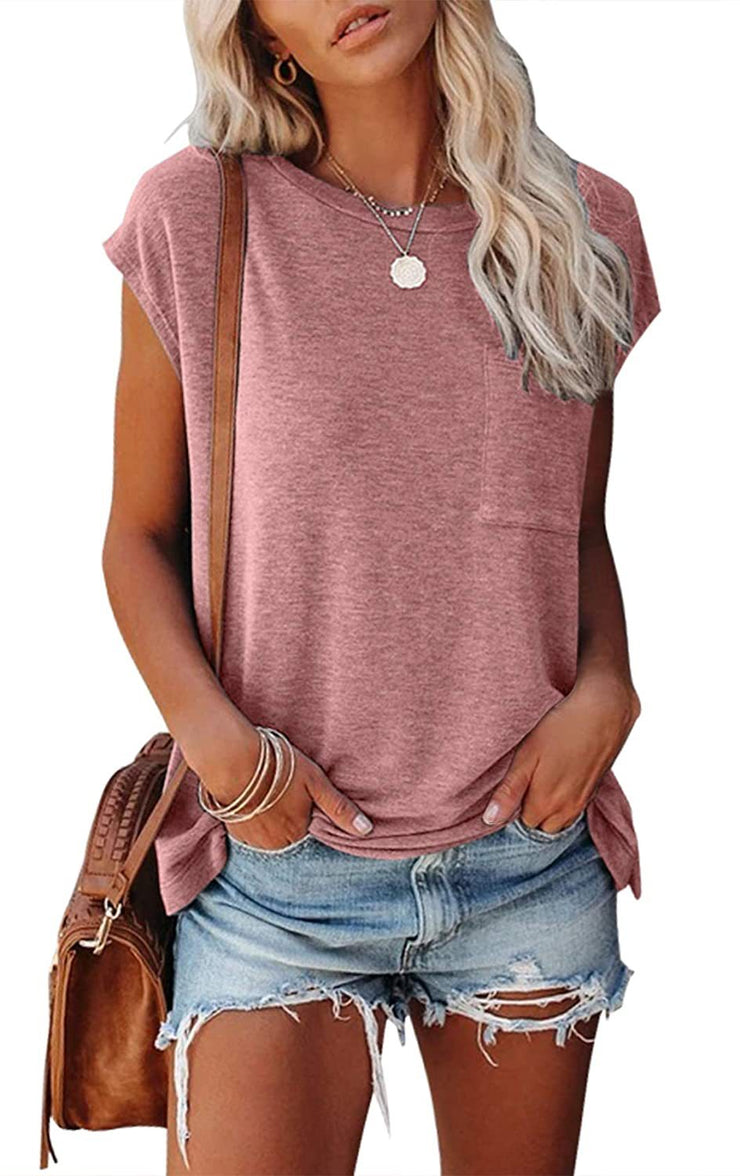 Women's Tank Top Solid Color Simple Pocket Side Slit Crew Neck Sleeveless T-Shirt