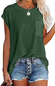 Women's Tank Top Solid Color Simple Pocket Side Slit Crew Neck Sleeveless T-Shirt