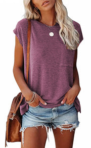 Women's Tank Top Solid Color Simple Pocket Side Slit Crew Neck Sleeveless T-Shirt