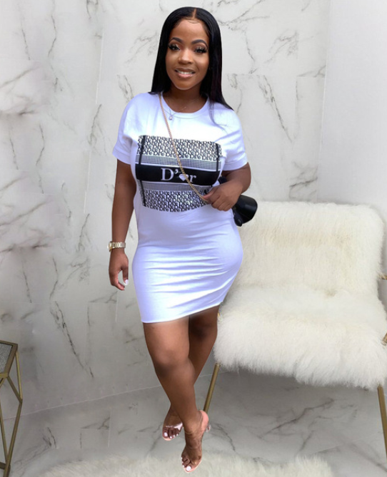 Women Summer Graphic Letter Printed Sexy Bodycon Short Sleeve Maxi Dress Casual Plus Size T Shirt Dress