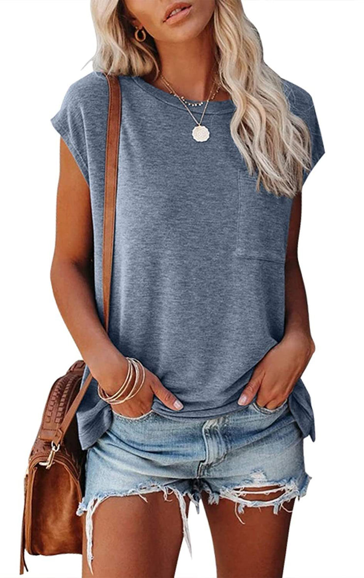 Women's Tank Top Solid Color Simple Pocket Side Slit Crew Neck Sleeveless T-Shirt